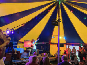 yellow and blue karaoke marquee